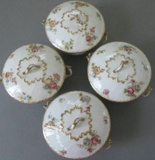 4 Antique LIMOGES Porcelain Covered Bouillon BOWLS Colorful FLOWERS w GILT Trim 3