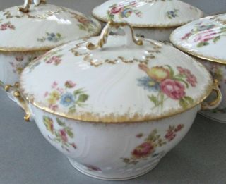 4 Antique LIMOGES Porcelain Covered Bouillon BOWLS Colorful FLOWERS w GILT Trim 5