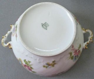 4 Antique LIMOGES Porcelain Covered Bouillon BOWLS Colorful FLOWERS w GILT Trim 6