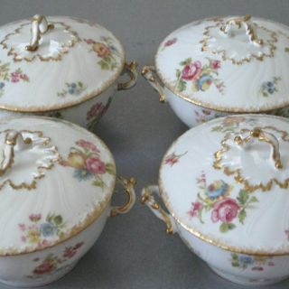 4 Antique LIMOGES Porcelain Covered Bouillon BOWLS Colorful FLOWERS w GILT Trim 7