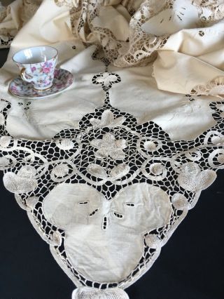 Antique Ecru Cotton Tape Lace Tablecloth
