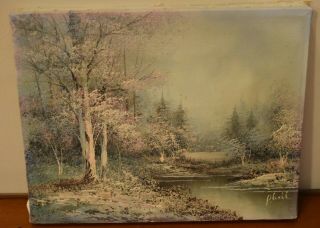 Small Oil Painting On Canvas Of Forest By Artist P.  Hill? 1900s Vintage Antique