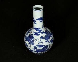 Antique Chinese Blue and White Lion Porcelain Vase with Kangxi Mark 4