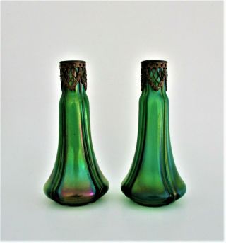 Pair Antique Loetz Glass Vases 19th Century Art Nouveau Iridescent Green