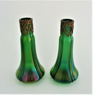Pair Antique Loetz Glass Vases 19th Century Art Nouveau Iridescent Green 2