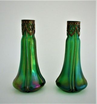 Pair Antique Loetz Glass Vases 19th Century Art Nouveau Iridescent Green 3