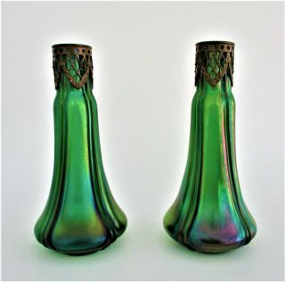 Pair Antique Loetz Glass Vases 19th Century Art Nouveau Iridescent Green 4