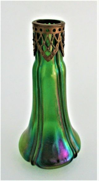 Pair Antique Loetz Glass Vases 19th Century Art Nouveau Iridescent Green 5