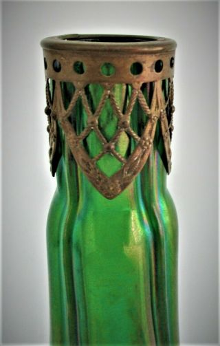 Pair Antique Loetz Glass Vases 19th Century Art Nouveau Iridescent Green 6