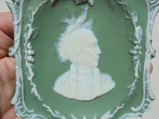 Antique German Jasperware Green White Indian Chief Plaque 4