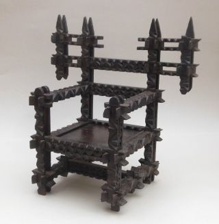 Antique Tramp Art Model Chair Carved Wooden Crown Of Thorns Throne / Folk Art