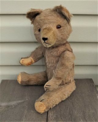 ANTIQUE 1920s 1930 ' s MOHAIR Jointed Glass Eyes Excelsior Stuffing VTG TEDDY BEAR 6