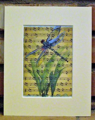 Whimsical Watercolor Dragonfly On Vintage Style Music,  Matted 8 By 10 Mixedmedia