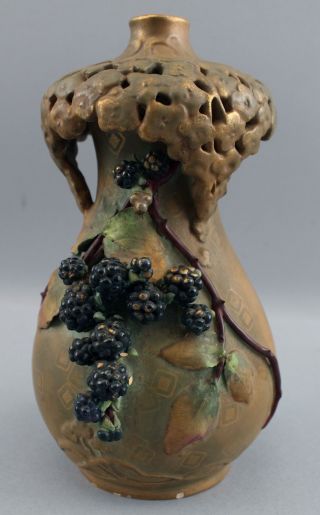 Antique Austrian Amphora Art Pottery,  Blackberry Vase