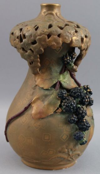 Antique Austrian Amphora Art Pottery,  Blackberry Vase 5