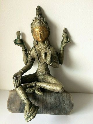 Antique Tibetan Bronze 4 Arms Goddess Of Abundance Ceremonial Temple Statue