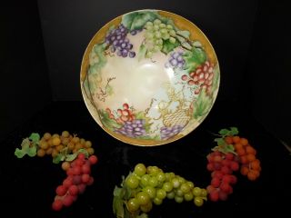 Antique Limoges J & P Hand Painted 13 1/4 " Footed Punch Bowl Grape Motif