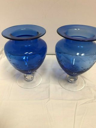Vintage Pair Elegant Blue Glass Etched Flowers Vases