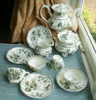 Old Antique Grainger Worcester C.  1830 Rococo Teapot Service Tea Set Cups Sucre