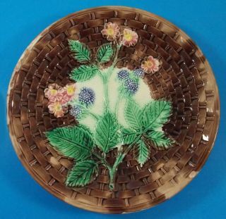 Large Antique Majolica Plate Brown Basket Weave With Berry Vine 10 1/4 " Great