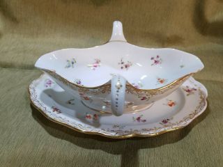 Antique Meissen Porcelain Gravy Boat With Underplate,  Gold/floral