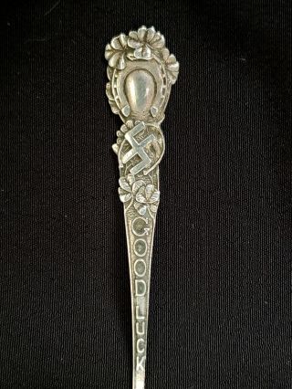 Early 1900s Sterling Souvenir Spoon Good Luck Horseshoe Clover Swastika Omaha 3