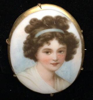 Antique Vintage Hand Painted Porcelain Portrait Brooch Pin Gold Gilt C Clasp Vgc