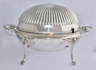 Lge Antique Silver Plate Dome Roll Top Food Warmer - Crested,  Half Fluted,  Shell