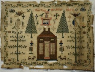 Small Mid 19th Century House & Motif Sampler By Martha Moulder - 1859