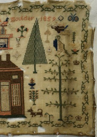 SMALL MID 19TH CENTURY HOUSE & MOTIF SAMPLER BY MARTHA MOULDER - 1859 3