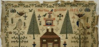 SMALL MID 19TH CENTURY HOUSE & MOTIF SAMPLER BY MARTHA MOULDER - 1859 4