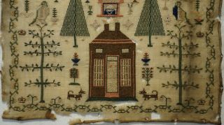SMALL MID 19TH CENTURY HOUSE & MOTIF SAMPLER BY MARTHA MOULDER - 1859 5