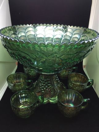 Green Blue Carnival Uranium Glass Punch Bowl With 6 Cups