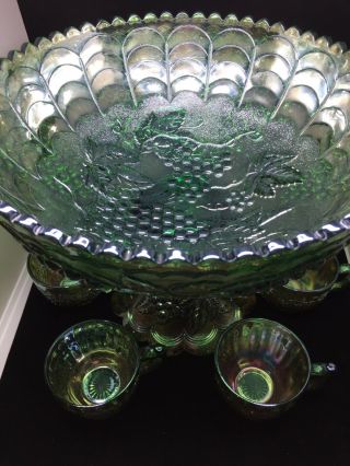 Green Blue Carnival Uranium Glass Punch Bowl with 6 Cups 2