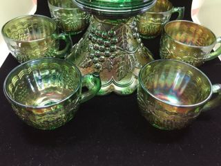 Green Blue Carnival Uranium Glass Punch Bowl with 6 Cups 3