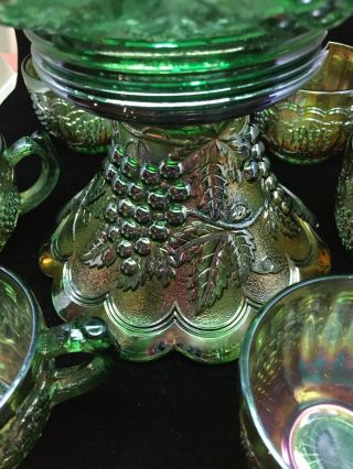 Green Blue Carnival Uranium Glass Punch Bowl with 6 Cups 6