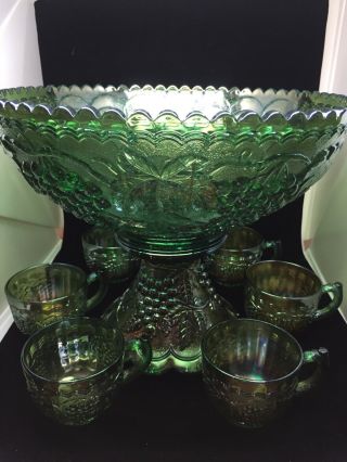 Green Blue Carnival Uranium Glass Punch Bowl with 6 Cups 7