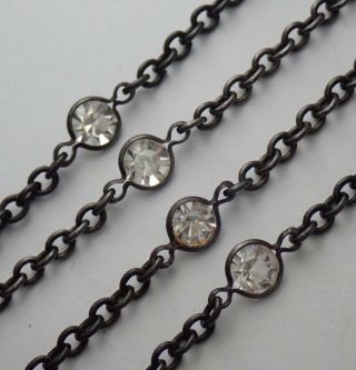 Long Antique Art Deco Blackened Steel Bezel Set Crystal Chain Necklace
