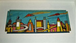Rocket Ship Airplane Space City Lithograph Tin Sign Back Old Vintage Antique Toy