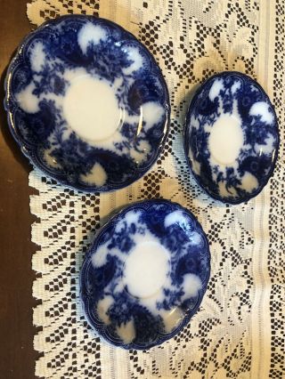 3 - Antique Flow Blue English Saucers Lois Pattern Royal Semi Porcelain Wood & Son