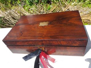 Antique Rosewood Writing Slope With Lock &key &2 Glass Inkwells