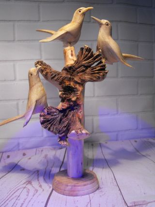 Bird Figure Figurine Ornament Statue Hand Made Wooden Birds On Stand Bird Family
