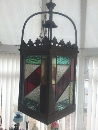 Antique Victorian Large Brass With Stain Glass Leaded Lights Lantern Oil Lamp