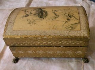 Vintage Florentine Wooden Jewelry Box Guilded Painted Metal Claw Feet W/portrait