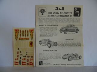 Vintage Model Car Instructions And Decals Amt 32 Ford Roadster 1/25 Scale