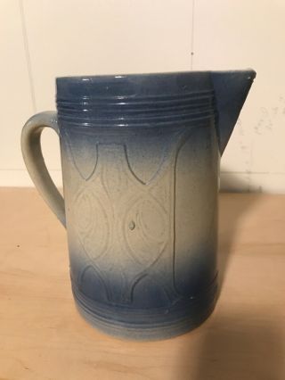 Antique Blue White Embossed Pitcher Approx 9” X 4”