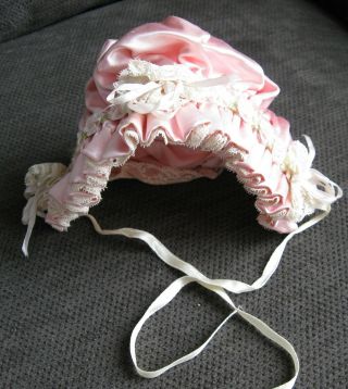Vintage Pink Satin And Lace Doll Bonnet