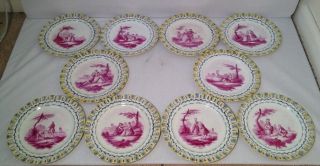Set 10 Antique Sceaux Luneville Faience Porcelain Plates W/ Man/woman Scenes