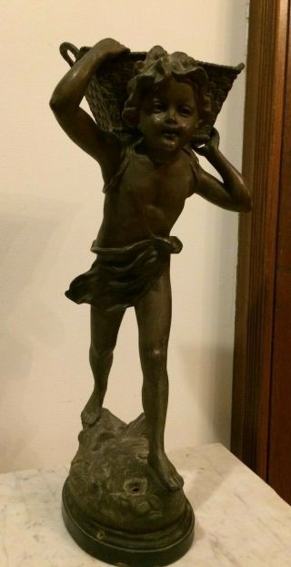 Lg Antique Bronzed Boy Statue Figural Newel Post Old Bannister Lamp
