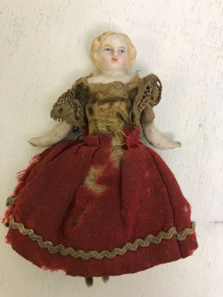 Antique Mignonette Bisque Pocket Doll Movable Arms Legs Dress 3 1/2 "